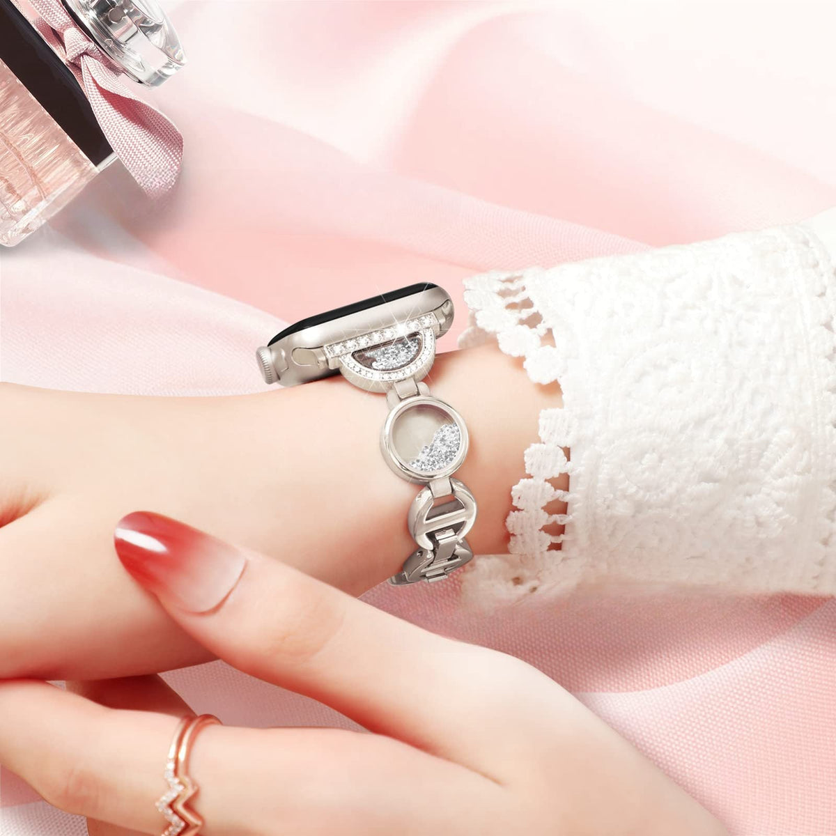 Correa Apple Watch, eslabones circulares con purpurina y circonitas, para mujer, modelo Pilar