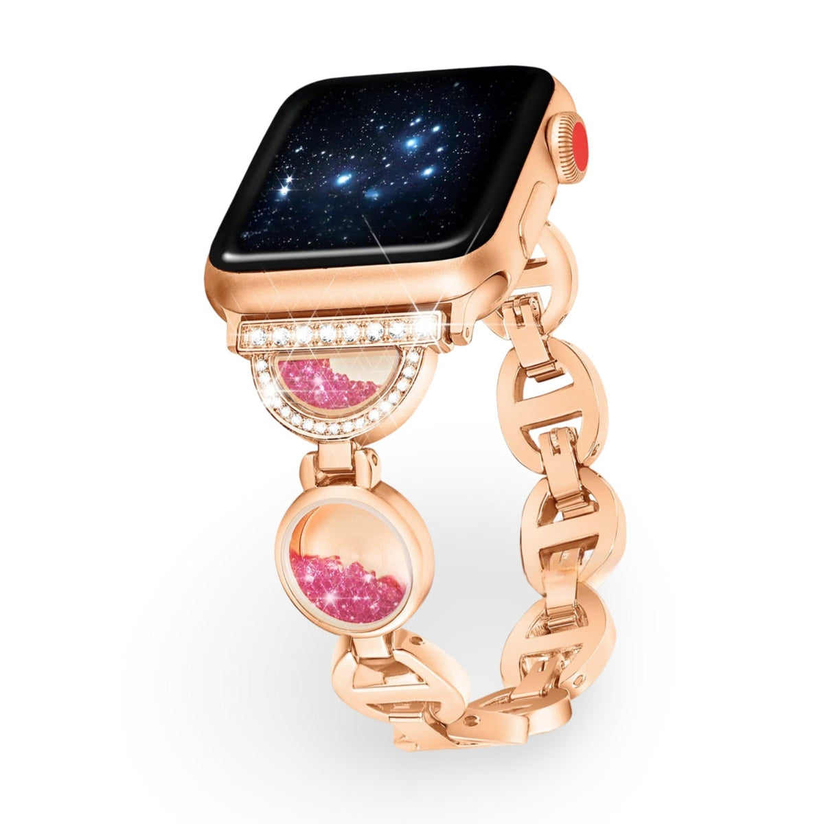 Correa Apple Watch, eslabones circulares con purpurina y circonitas, para mujer, modelo Pilar