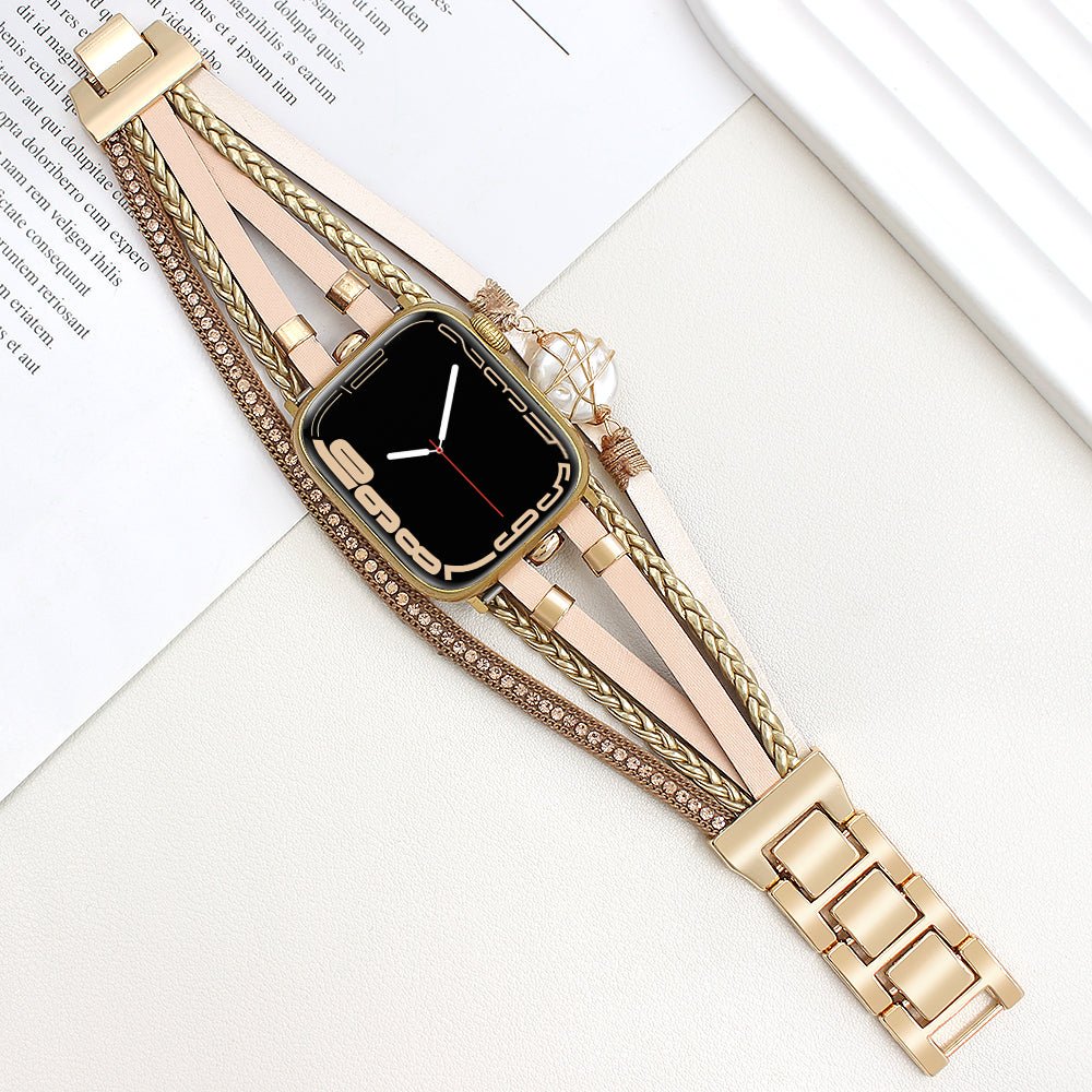 Correa multicapa para reloj inteligente Apple Watch, dorada y con perla de agua dulce, para mujer, modelo Arix