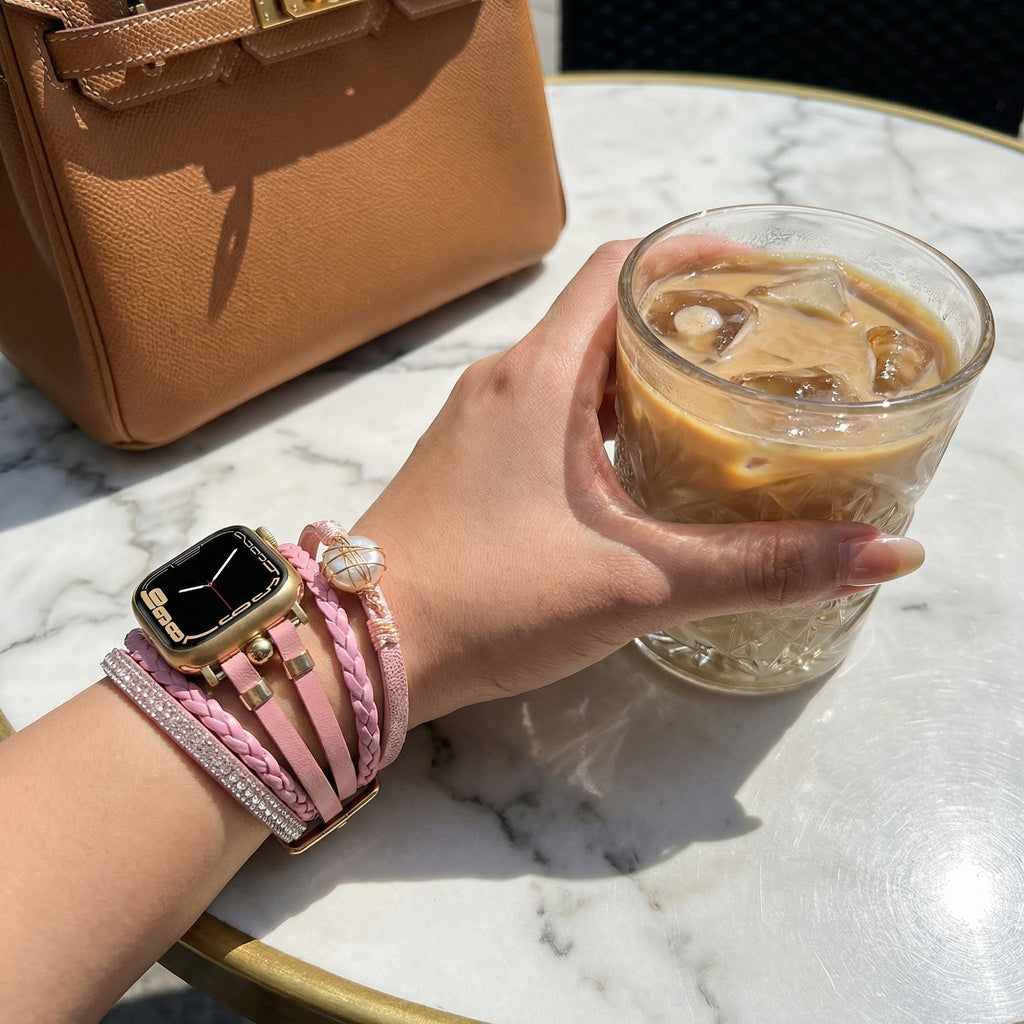 Correa multicapa para reloj inteligente Apple Watch, dorada y con perla de agua dulce, para mujer, modelo Arix