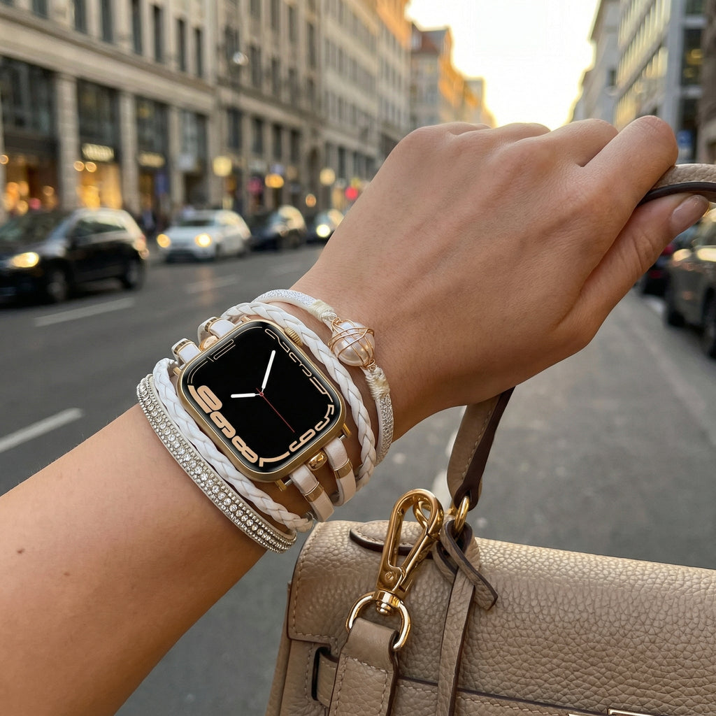 Correa multicapa para reloj inteligente Apple Watch, dorada y con perla de agua dulce, para mujer, modelo Arix
