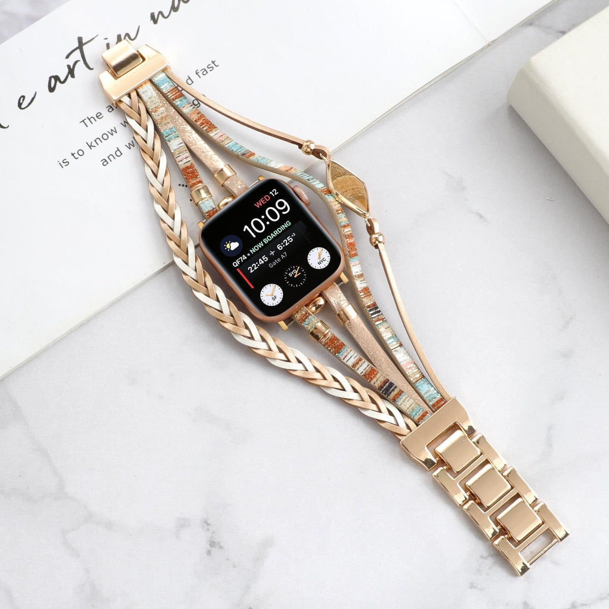 Correa multicapa para Apple Watch, tiras trenzadas y piedra central, para mujer, modelo Adla