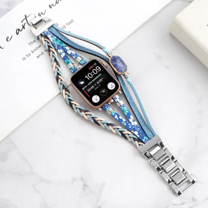 Correa multicapa para Apple Watch, tiras trenzadas y piedra central, para mujer, modelo Adla