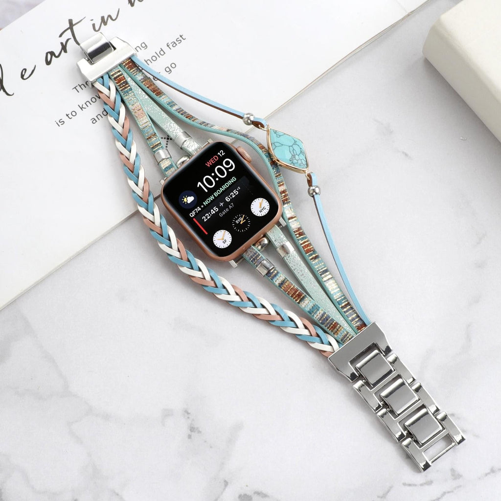 Correa multicapa para Apple Watch, tiras trenzadas y piedra central, para mujer, modelo Adla