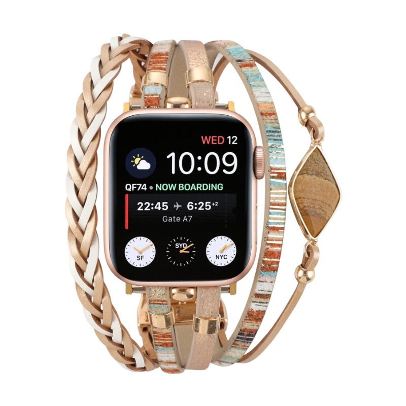 Correa multicapa para Apple Watch, tiras trenzadas y piedra central, para mujer, modelo Adla