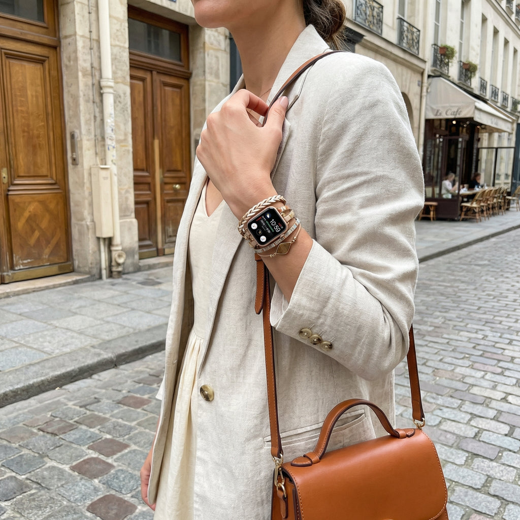 Correa multicapa para Apple Watch, tiras trenzadas y piedra central, para mujer, modelo Adla