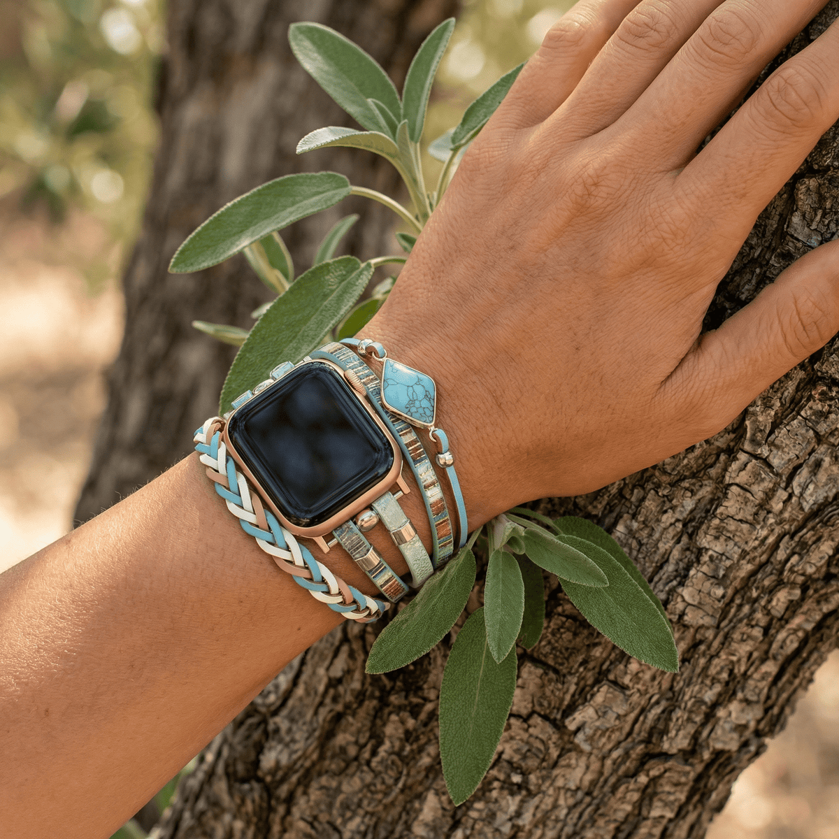 Correa multicapa para Apple Watch, tiras trenzadas y piedra central, para mujer, modelo Adla