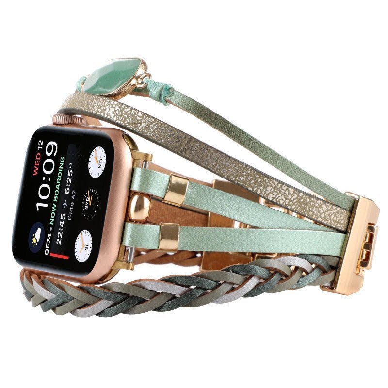 Correa multicapa para Apple Watch, tiras trenzadas y piedra central, para mujer, modelo Adla
