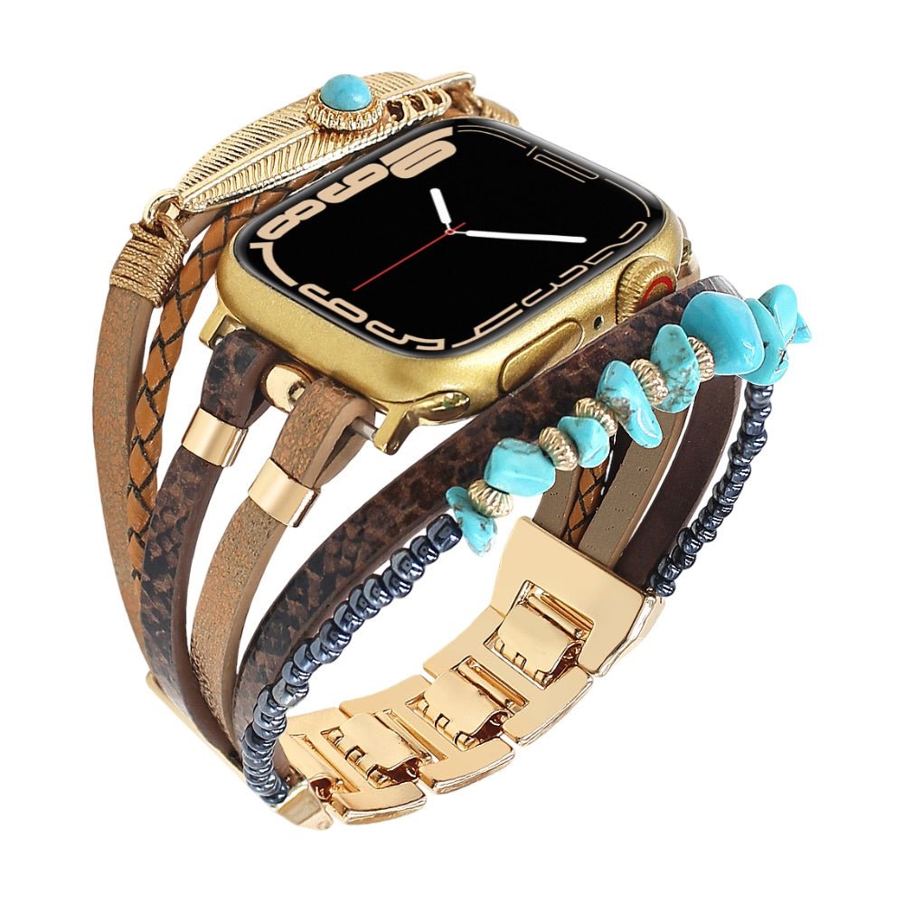Correa de reloj inteligente multicapa, Apple Watch, piedras naturales y pluma, para mujer, modelo Lyxia