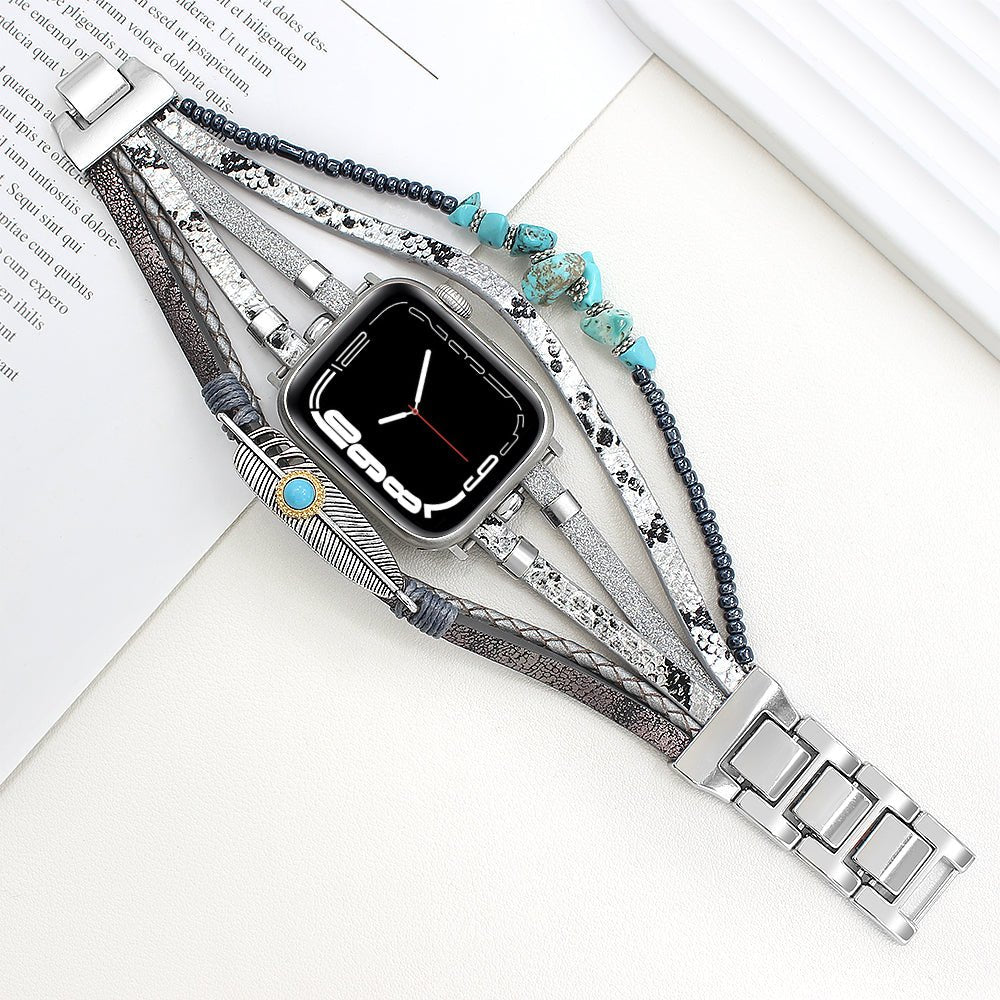Correa de reloj inteligente multicapa, Apple Watch, piedras naturales y pluma, para mujer, modelo Lyxia