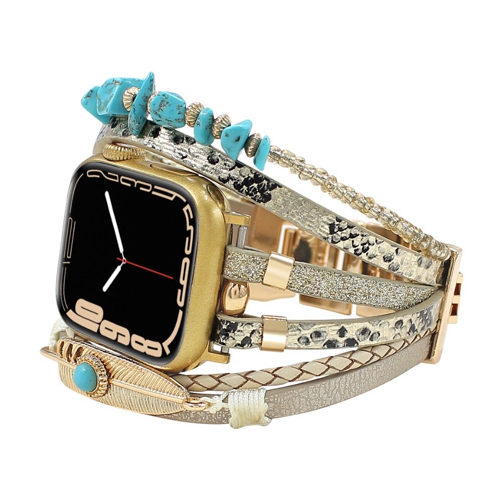Correa de reloj inteligente multicapa, Apple Watch, piedras naturales y pluma, para mujer, modelo Lyxia