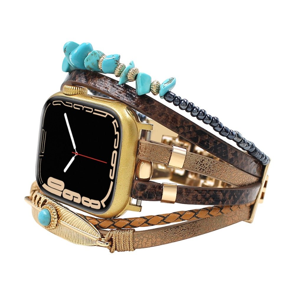 Correa de reloj inteligente multicapa, Apple Watch, piedras naturales y pluma, para mujer, modelo Lyxia