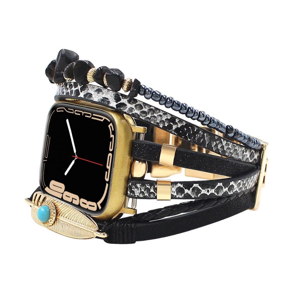 Correa de reloj inteligente multicapa, Apple Watch, piedras naturales y pluma, para mujer, modelo Lyxia
