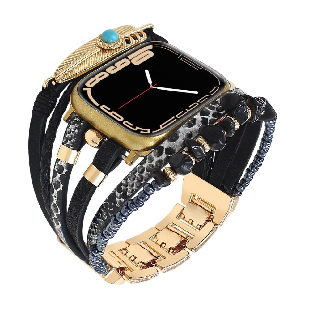 Correa de reloj inteligente multicapa, Apple Watch, piedras naturales y pluma, para mujer, modelo Lyxia