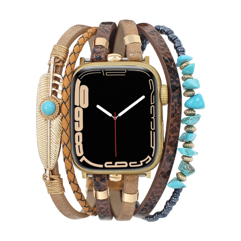 Correa de reloj inteligente multicapa, Apple Watch, piedras naturales y pluma, para mujer, modelo Lyxia