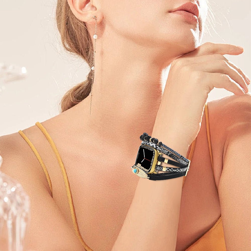Correa de reloj inteligente multicapa, Apple Watch, piedras naturales y pluma, para mujer, modelo Lyxia
