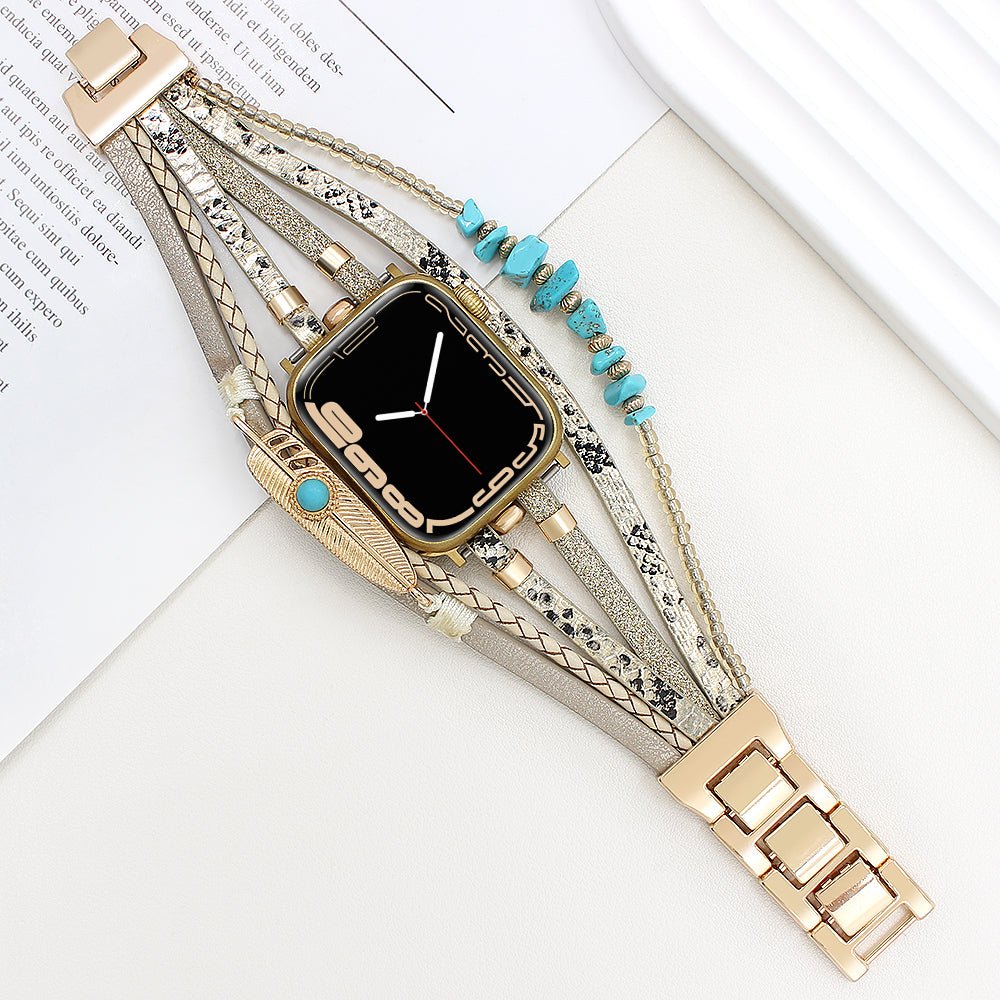Correa de reloj inteligente multicapa, Apple Watch, piedras naturales y pluma, para mujer, modelo Lyxia