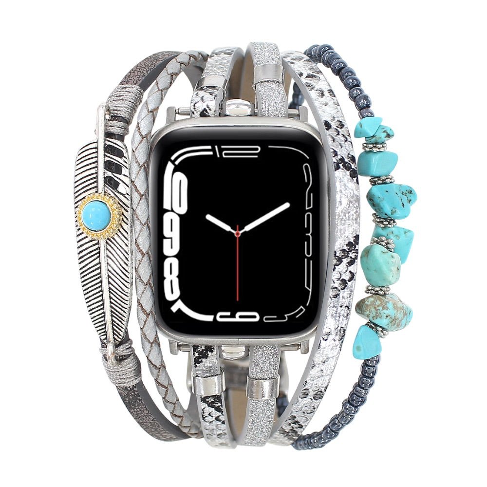Correa de reloj inteligente multicapa, Apple Watch, piedras naturales y pluma, para mujer, modelo Lyxia