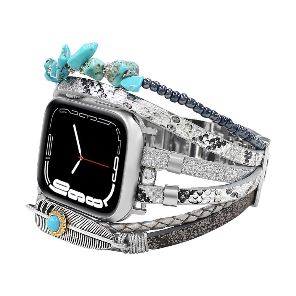 Correa de reloj inteligente multicapa, Apple Watch, piedras naturales y pluma, para mujer, modelo Lyxia