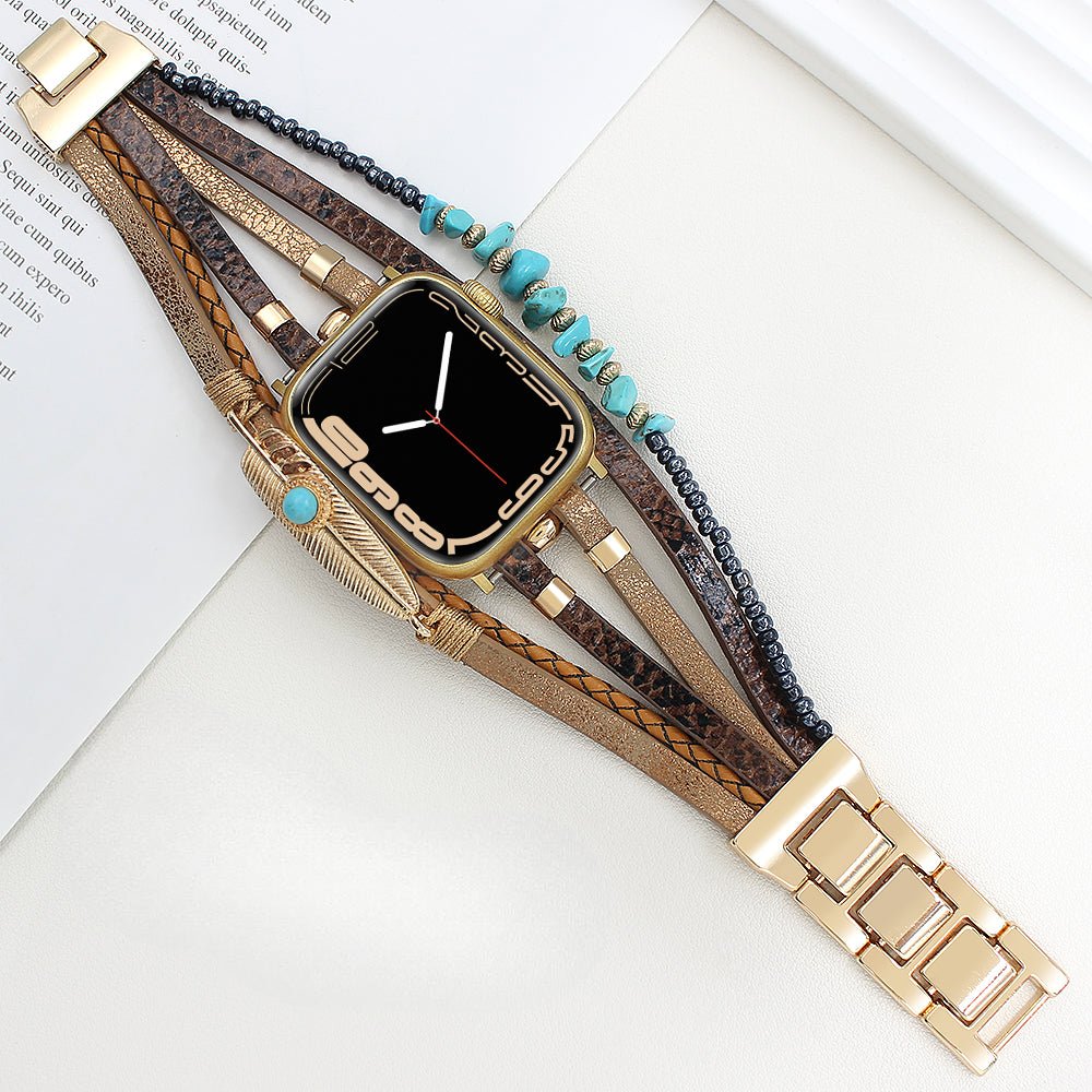 Correa de reloj inteligente multicapa, Apple Watch, piedras naturales y pluma, para mujer, modelo Lyxia