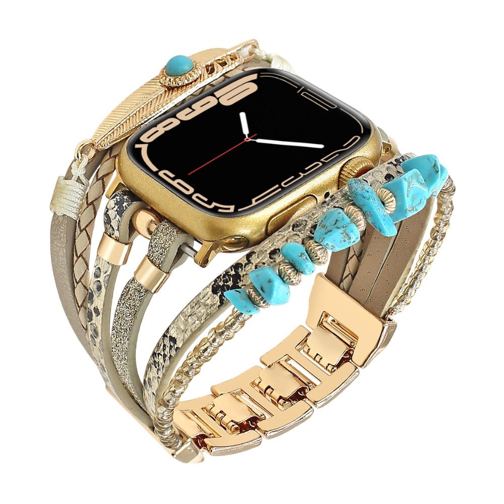 Correa de reloj inteligente multicapa, Apple Watch, piedras naturales y pluma, para mujer, modelo Lyxia