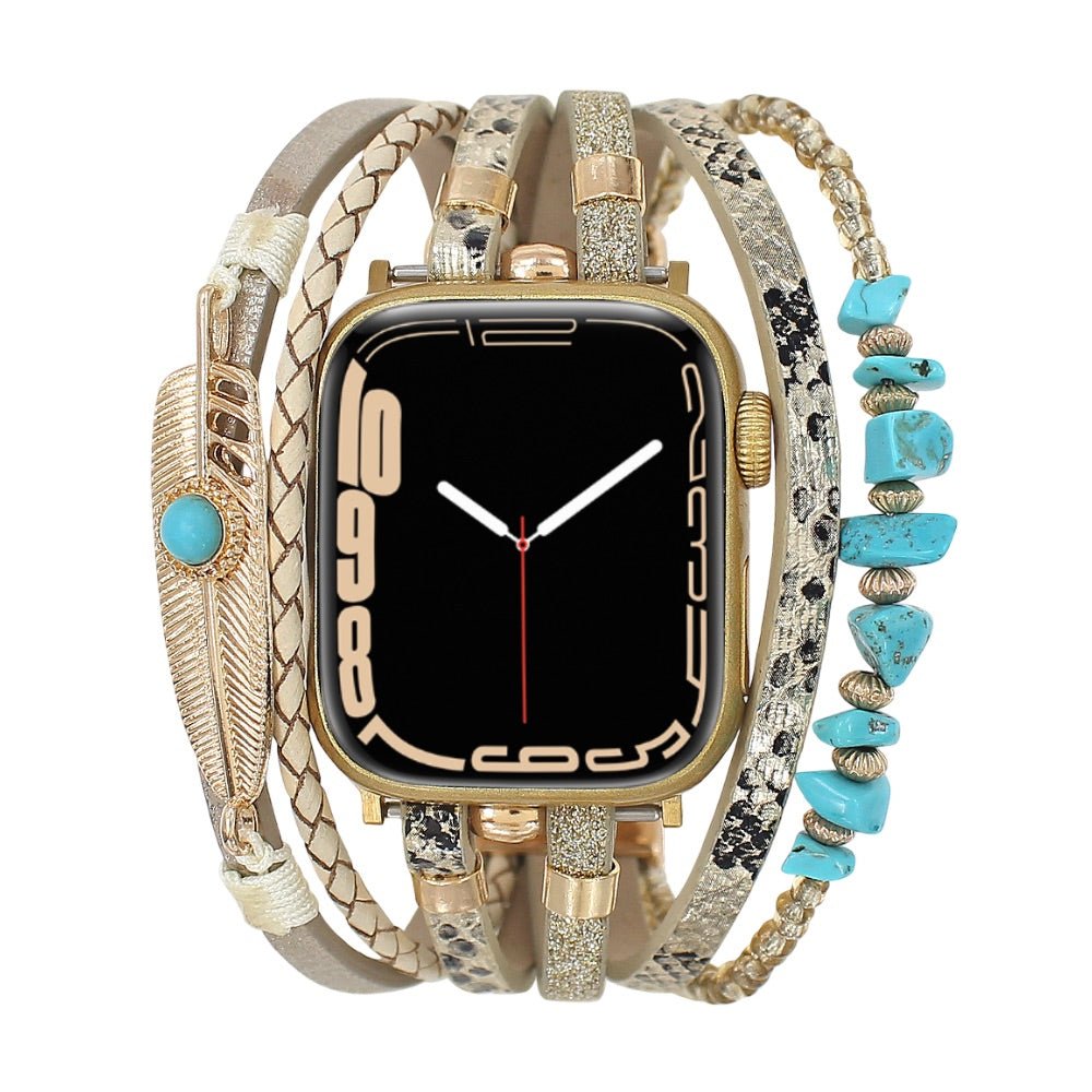 Correa de reloj inteligente multicapa, Apple Watch, piedras naturales y pluma, para mujer, modelo Lyxia