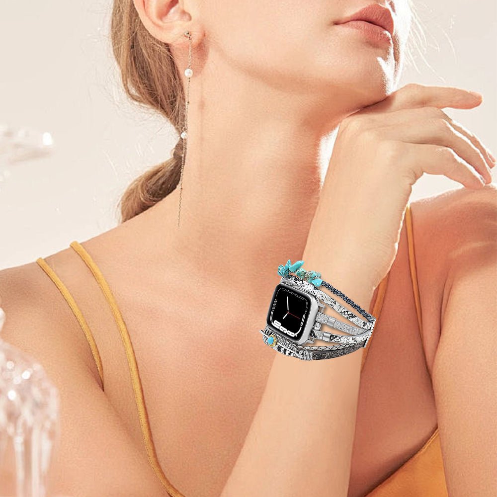 Correa de reloj inteligente multicapa, Apple Watch, piedras naturales y pluma, para mujer, modelo Lyxia