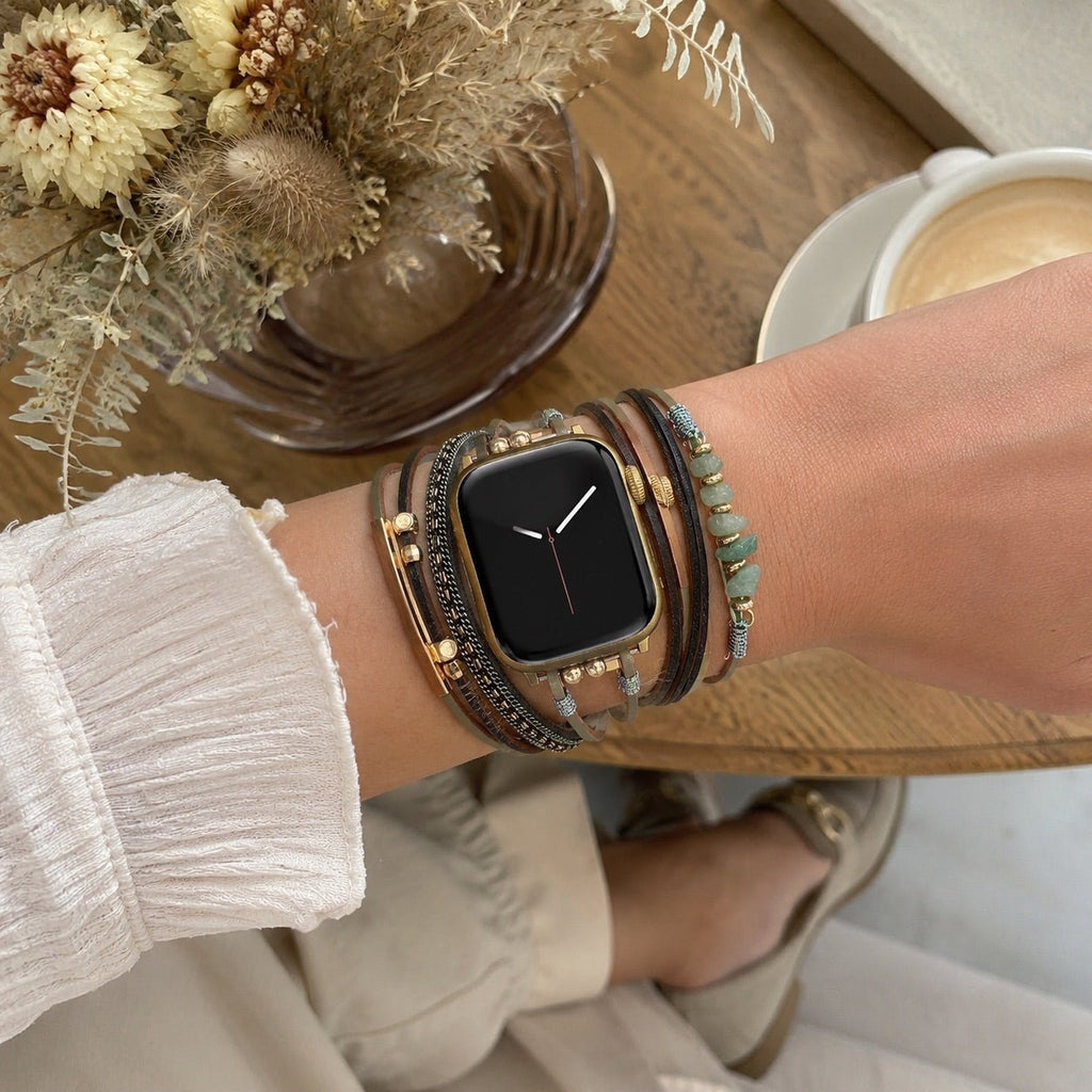 Correa de reloj para mujer con cordones múltiples, detalles dorados y piedras verdes, elegante accesorio de muñeca, Jaonie