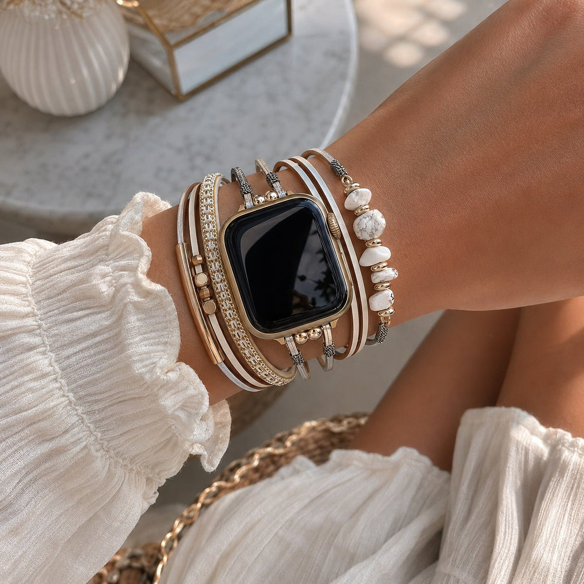 Correa de reloj para mujer con cordones múltiples, detalles dorados y piedras verdes, elegante accesorio de muñeca, Jaonie