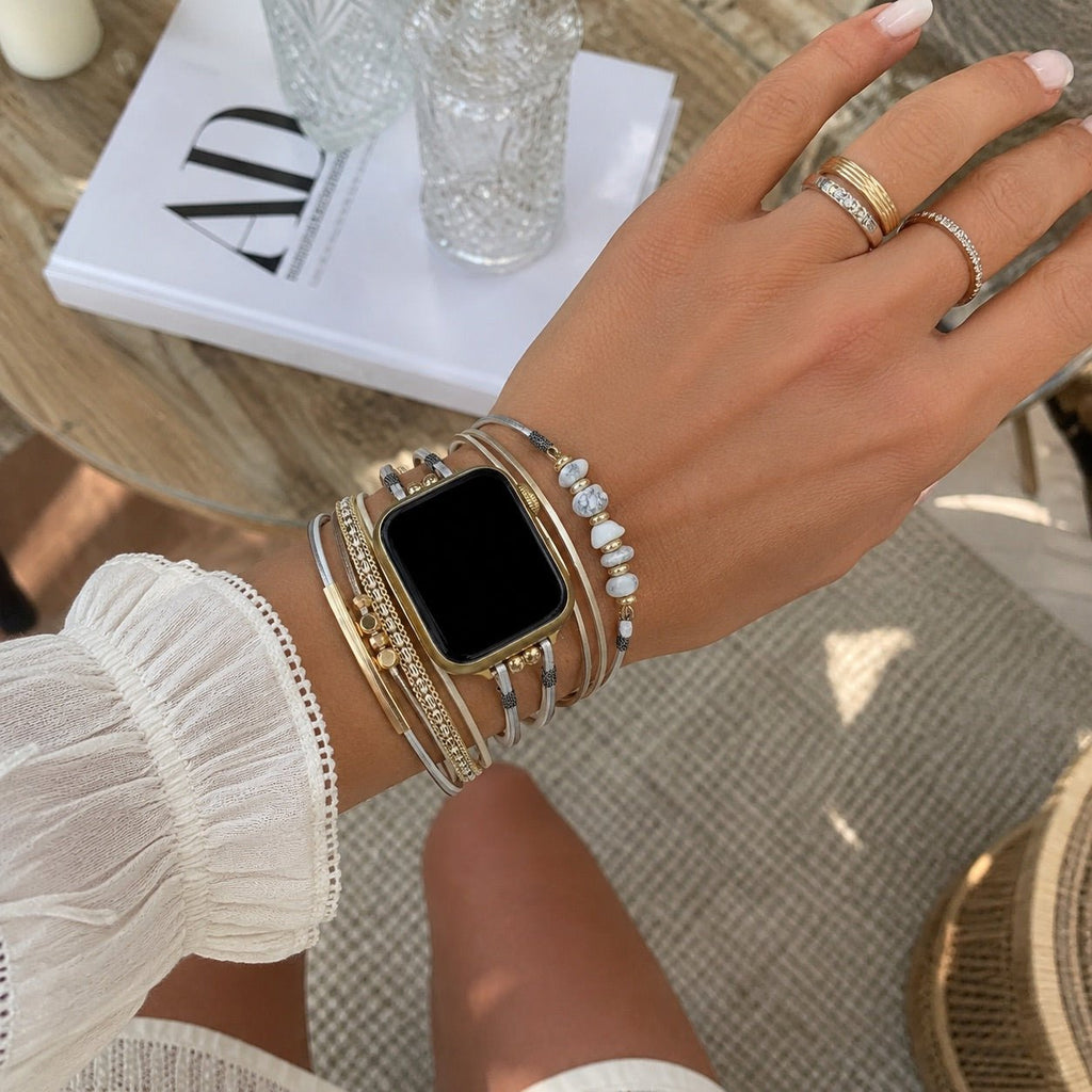 Correa de reloj para mujer con cordones múltiples, detalles dorados y piedras verdes, elegante accesorio de muñeca, Jaonie