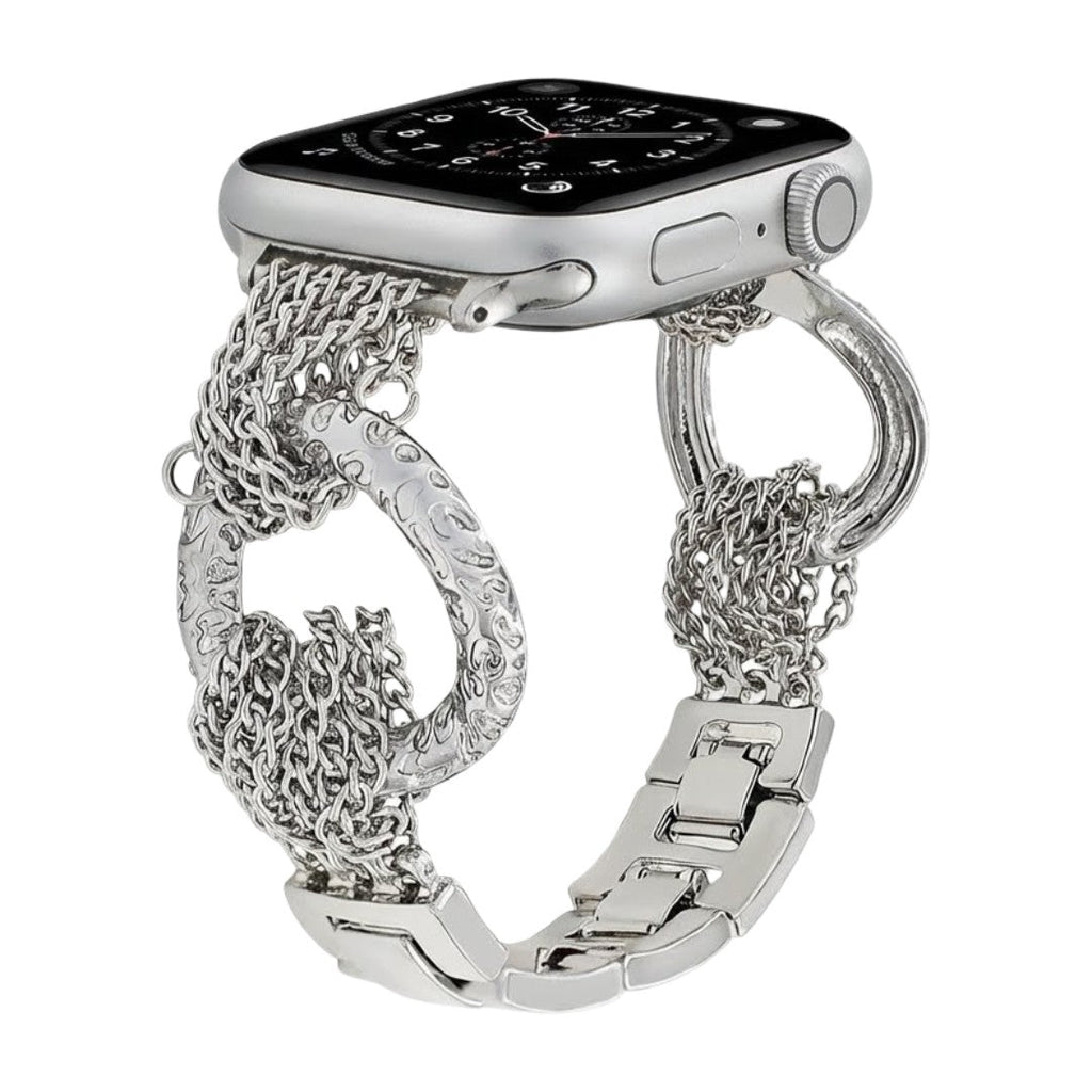 Correa de reloj estilo lujo para Apple Watch, acero inoxidable trenzado, eslabones múltiples, anillos esculpidos brillantes, modelo Dyxie