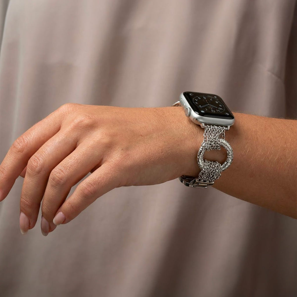 Correa de reloj estilo lujo para Apple Watch, acero inoxidable trenzado, eslabones múltiples, anillos esculpidos brillantes, modelo Dyxie