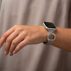 Correa de reloj estilo lujo para Apple Watch, acero inoxidable trenzado, eslabones múltiples, anillos esculpidos brillantes, modelo Dyxie