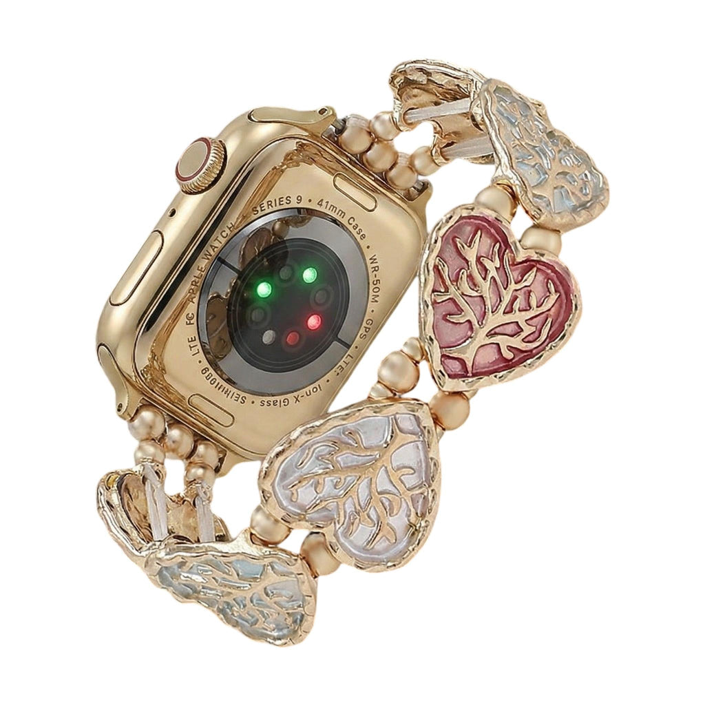 Correa elástica Apple Watch, eslabones de corazón esmaltados con motivo árbol de la vida, modelo Cabra