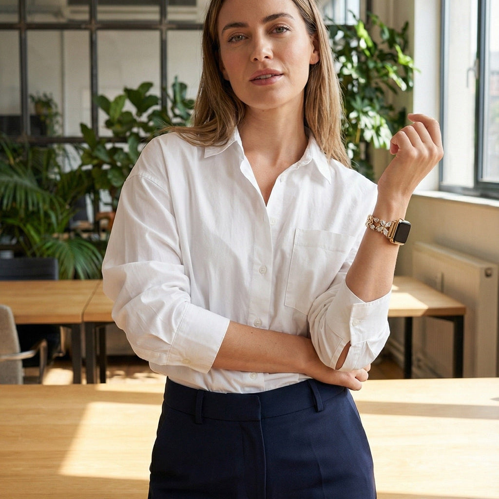 Correa Apple Watch con eslabones mariposa engastados de circonitas, para mujer, modelo Parina