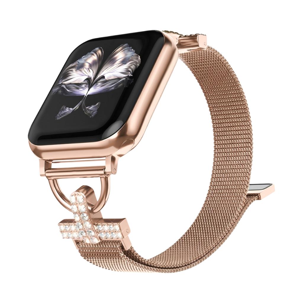 Pulsera de malla para Apple Watch, acero inoxidable con cierre magnético, adorno de cruz con circonita, modelo Aménia