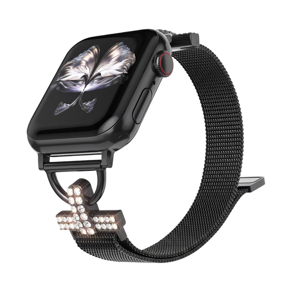 Pulsera de malla para Apple Watch, acero inoxidable con cierre magnético, adorno de cruz con circonita, modelo Aménia