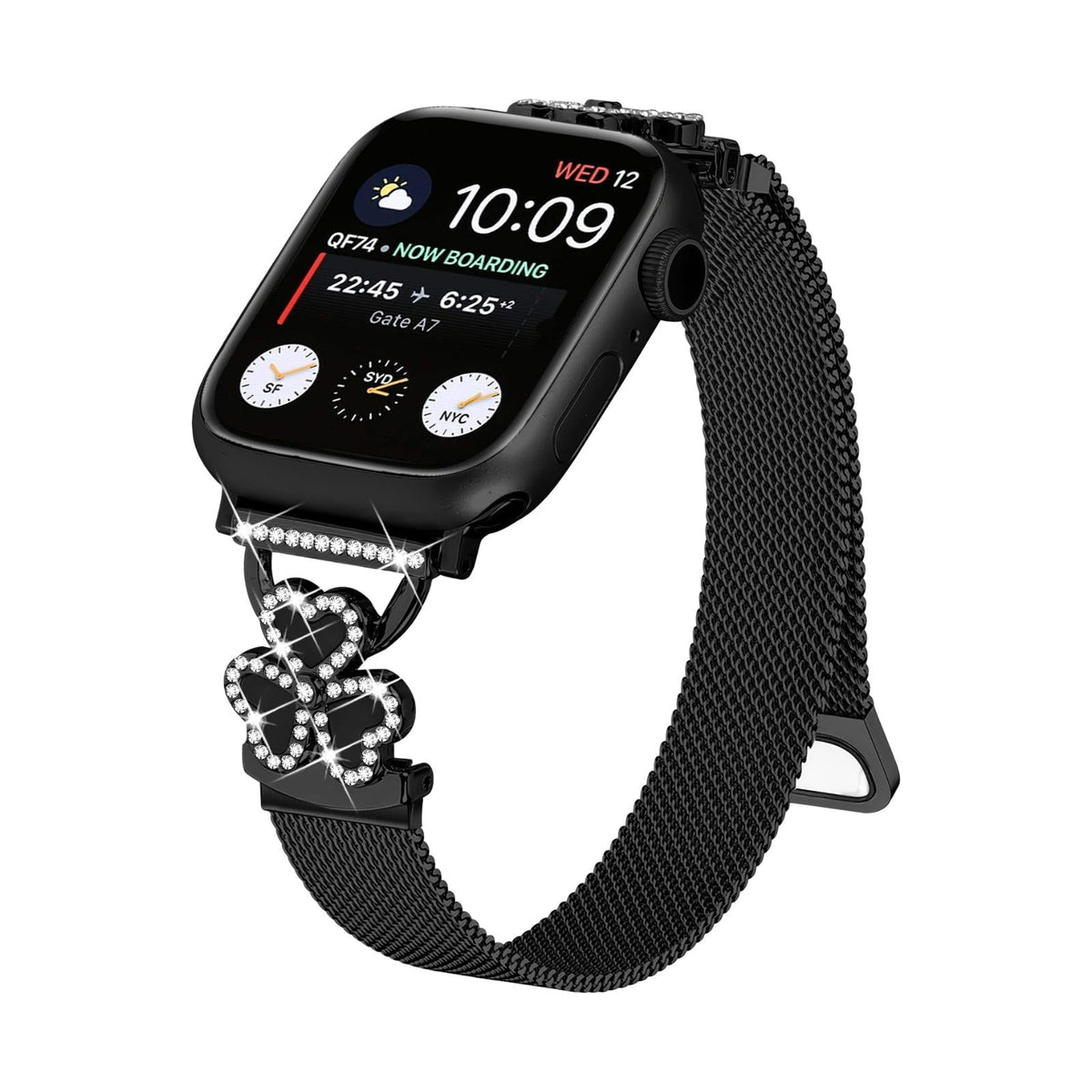 Pulsera de malla para Apple Watch, acero inoxidable con cierre magnético, colgante de trébol engastado en circonita y nácar, modelo Podale