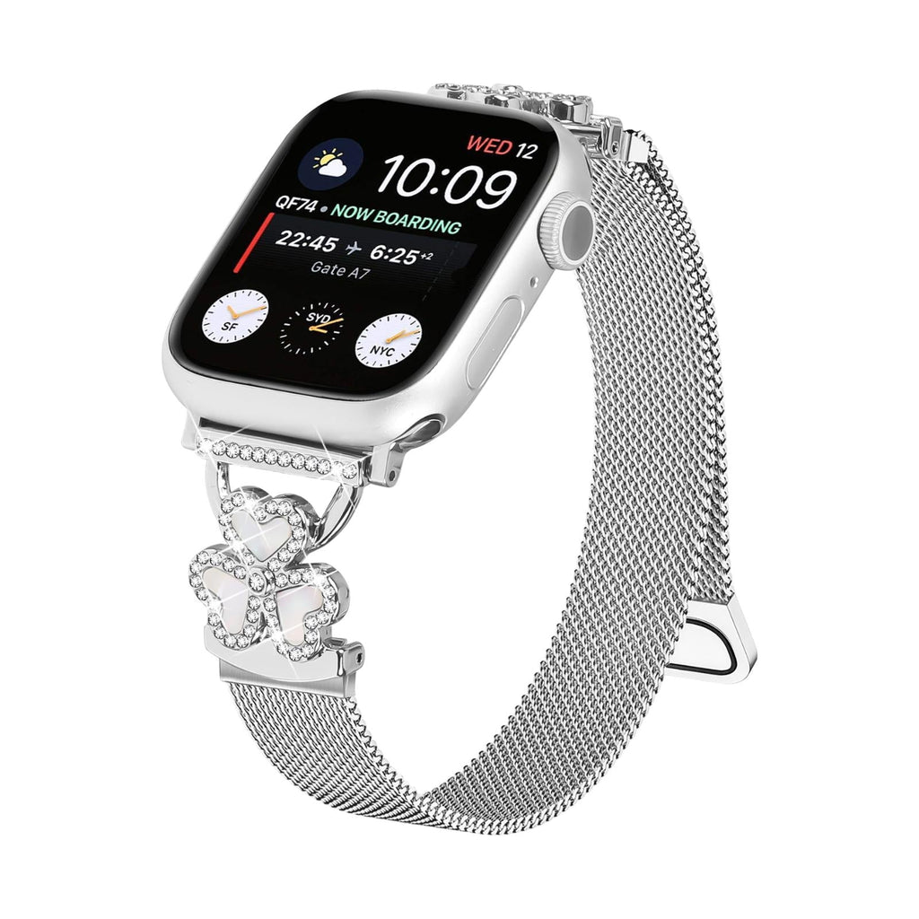 Pulsera de malla para Apple Watch, acero inoxidable con cierre magnético, colgante de trébol engastado en circonita y nácar, modelo Podale