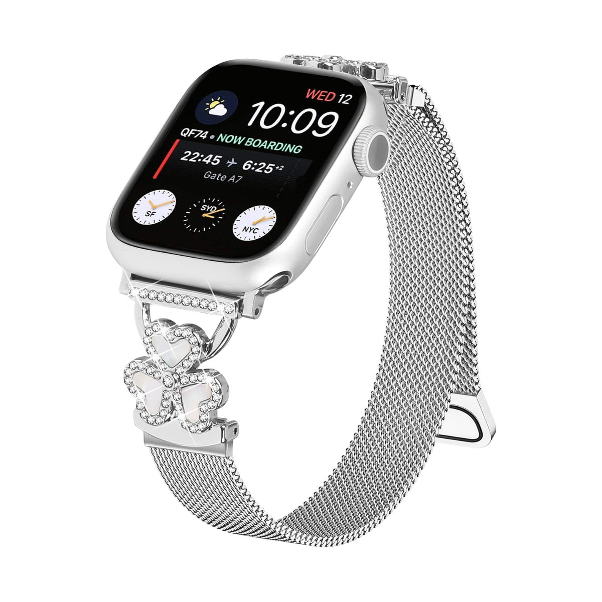 Pulsera de malla para Apple Watch, acero inoxidable con cierre magnético, colgante de trébol engastado en circonita y nácar, modelo Podale