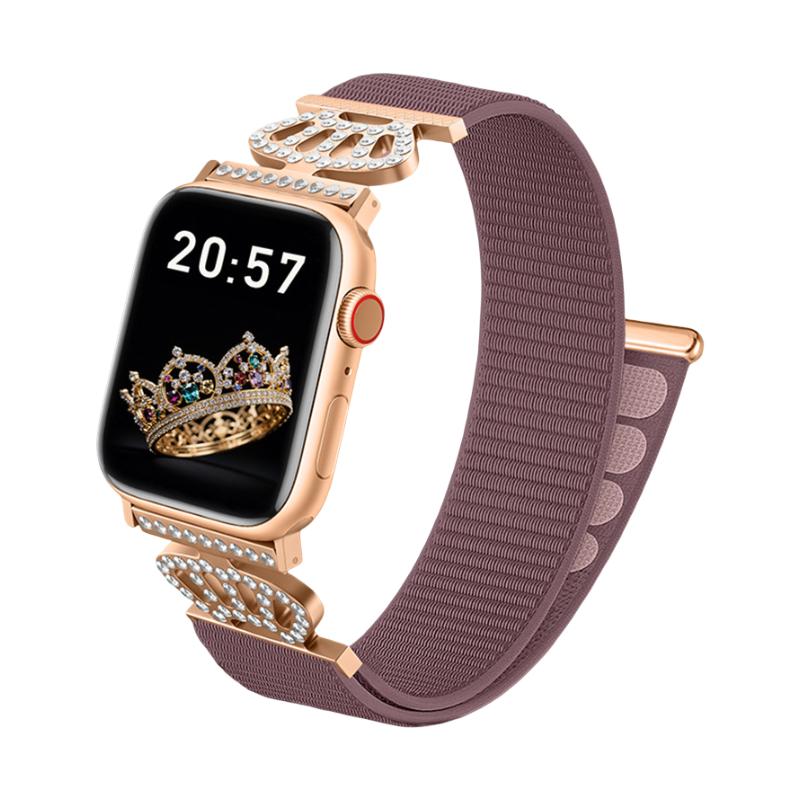 Pulsera de nailón elástico para Apple Watch, conectores de acero inoxidable con motivo de corona engastada en cristales, ajustable y ligera, modelo Irène