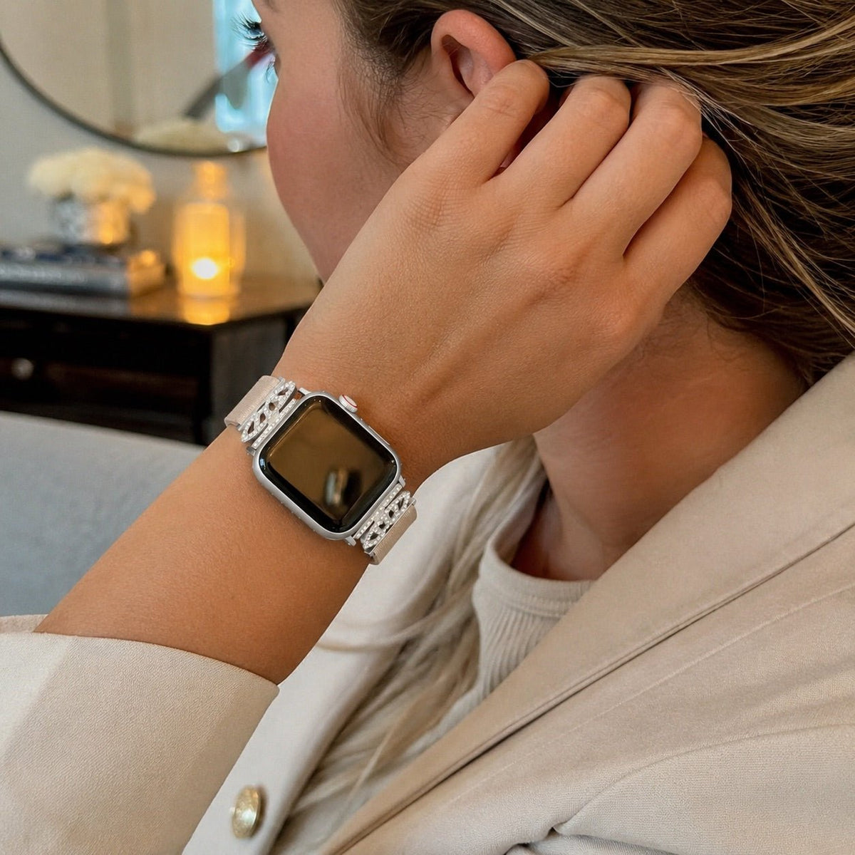 Pulsera de nailón elástico para Apple Watch, conectores de acero inoxidable con motivo de corona engastada en cristales, ajustable y ligera, modelo Irène