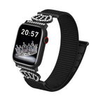 Pulsera de nailón elástico para Apple Watch, conectores de acero inoxidable con motivo de corona engastada en cristales, ajustable y ligera, modelo Irène