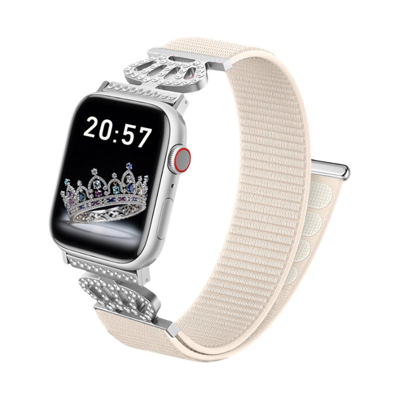 Pulsera de nailón elástico para Apple Watch, conectores de acero inoxidable con motivo de corona engastada en cristales, ajustable y ligera, modelo Irène