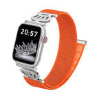 Pulsera de nailón elástico para Apple Watch, conectores de acero inoxidable con motivo de corona engastada en cristales, ajustable y ligera, modelo Irène