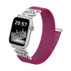 Pulsera de nailón elástico para Apple Watch, conectores de acero inoxidable con motivo de corona engastada en cristales, ajustable y ligera, modelo Irène