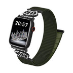Pulsera de nailón elástico para Apple Watch, conectores de acero inoxidable con motivo de corona engastada en cristales, ajustable y ligera, modelo Irène