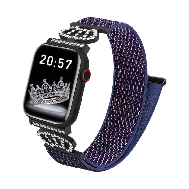Pulsera de nailón elástico para Apple Watch, conectores de acero inoxidable con motivo de corona engastada en cristales, ajustable y ligera, modelo Irène