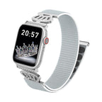 Pulsera de nailón elástico para Apple Watch, conectores de acero inoxidable con motivo de corona engastada en cristales, ajustable y ligera, modelo Irène