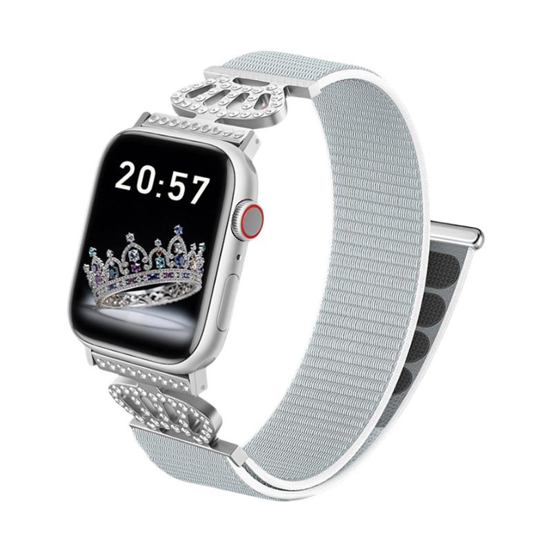 Pulsera de nailón elástico para Apple Watch, conectores de acero inoxidable con motivo de corona engastada en cristales, ajustable y ligera, modelo Irène
